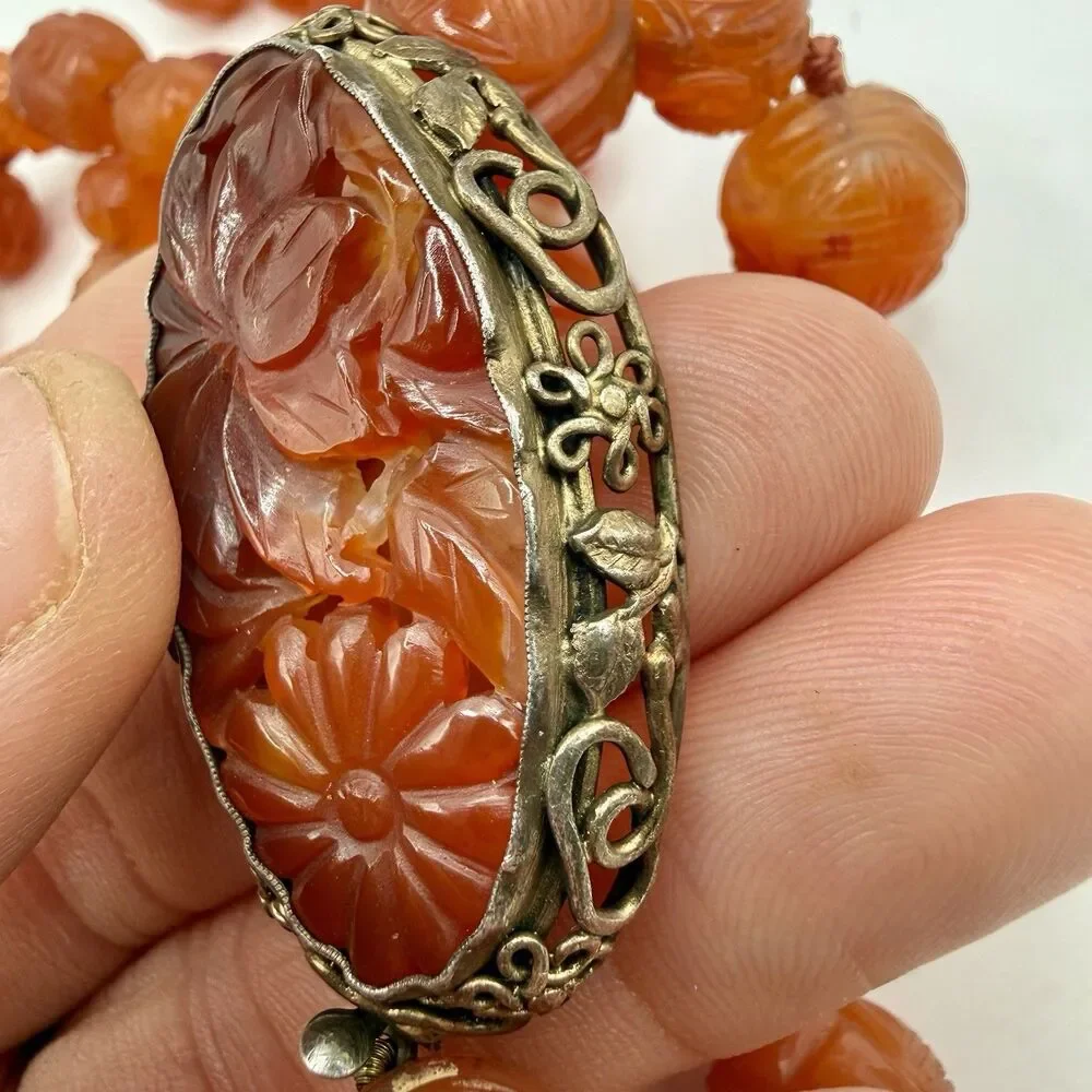 Vintage Chinese Carved Carnelian Sterling Silver Filigree Art Deco Bead Necklace